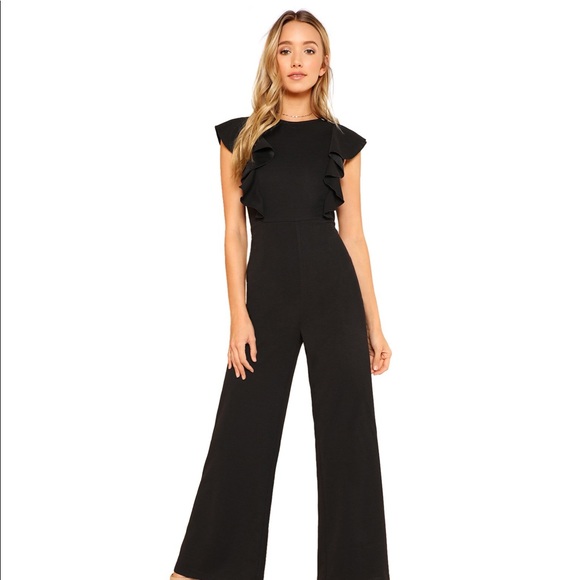 black jumpsuit with ruffle sleeves